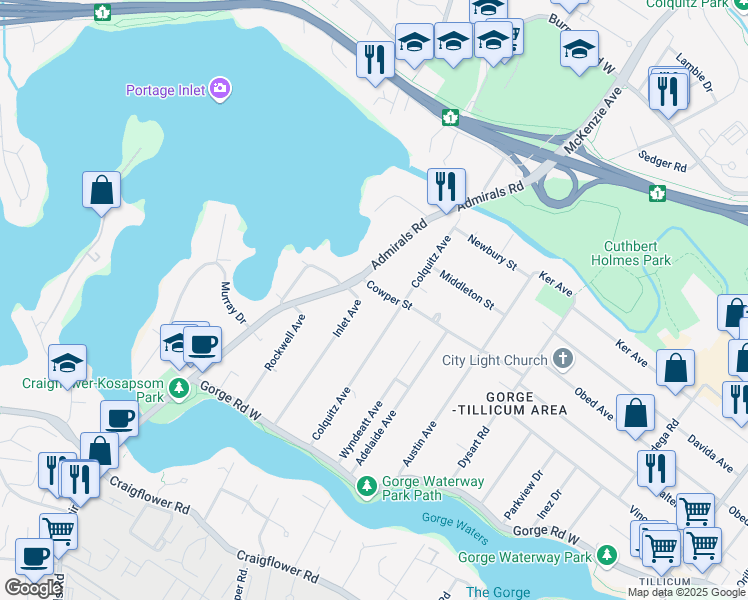 map of restaurants, bars, coffee shops, grocery stores, and more near in Victoria