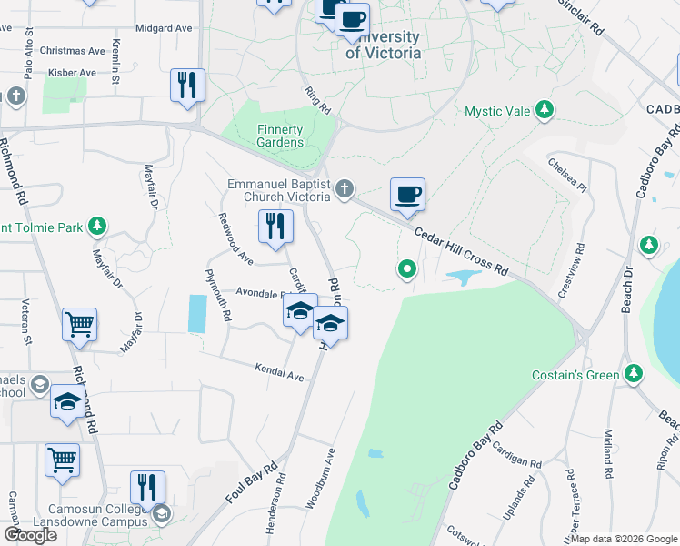 map of restaurants, bars, coffee shops, grocery stores, and more near 3513 Arden Road in Victoria