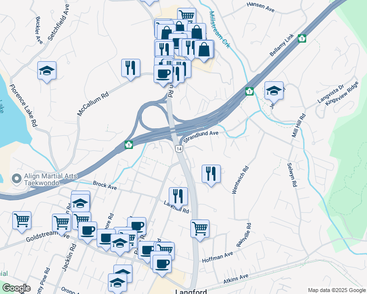 map of restaurants, bars, coffee shops, grocery stores, and more near 705 Strandlund Avenue in Victoria