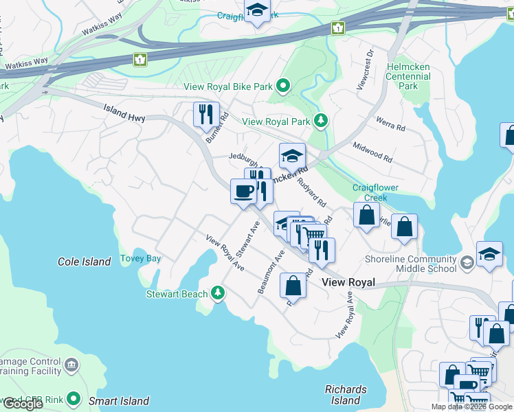 map of restaurants, bars, coffee shops, grocery stores, and more near 384 Helmcken Road in Victoria