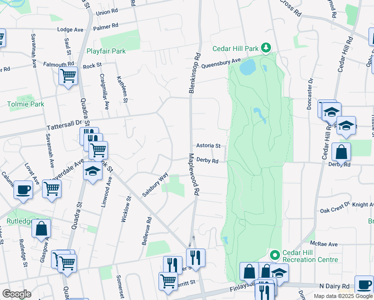 map of restaurants, bars, coffee shops, grocery stores, and more near 3408 Maplewood Road in Victoria