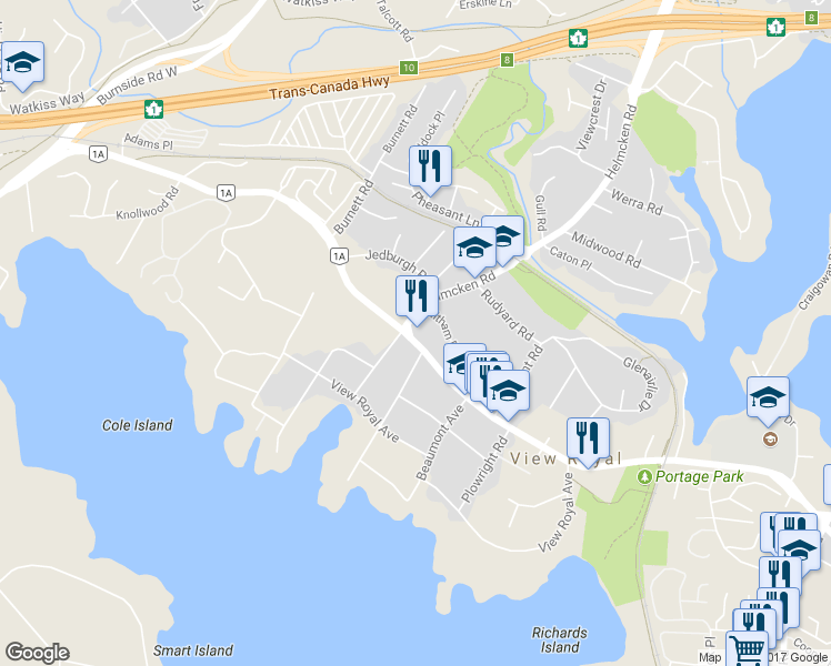 map of restaurants, bars, coffee shops, grocery stores, and more near 384 Helmcken Road in Victoria