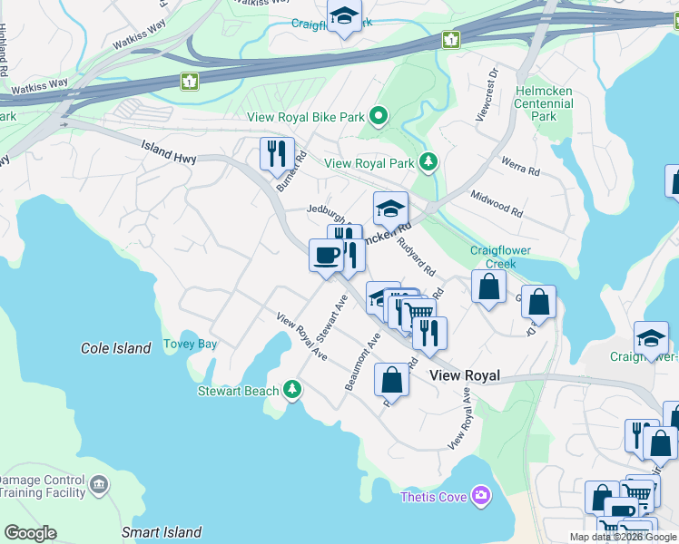 map of restaurants, bars, coffee shops, grocery stores, and more near 384 Helmcken Road in Victoria