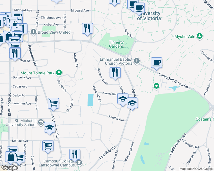 map of restaurants, bars, coffee shops, grocery stores, and more near 3535 Redwood Avenue in Victoria