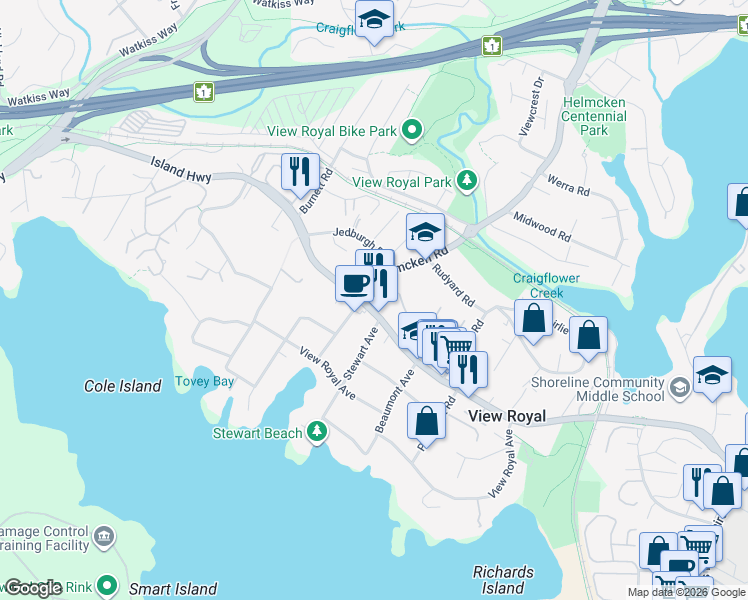 map of restaurants, bars, coffee shops, grocery stores, and more near 384 Helmcken Road in Victoria