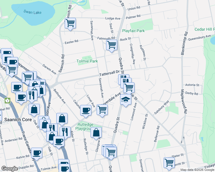 map of restaurants, bars, coffee shops, grocery stores, and more near in Victoria