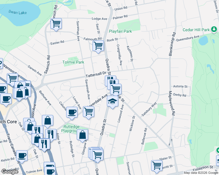 map of restaurants, bars, coffee shops, grocery stores, and more near 3520 Quadra Street in Victoria