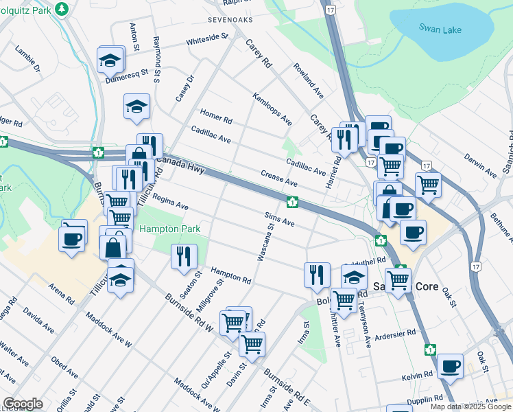map of restaurants, bars, coffee shops, grocery stores, and more near 132 Sims Avenue in Victoria