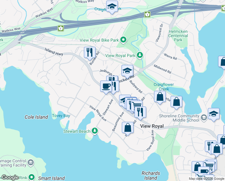 map of restaurants, bars, coffee shops, grocery stores, and more near 384 Helmcken Road in Victoria