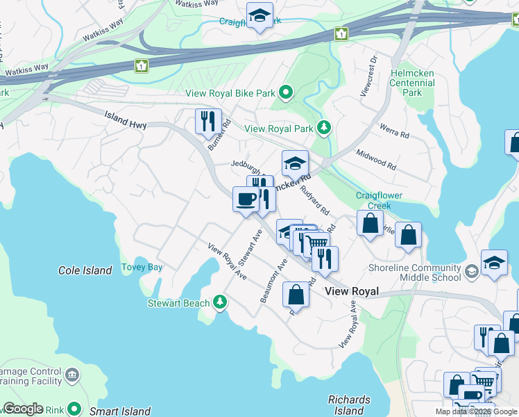 map of restaurants, bars, coffee shops, grocery stores, and more near 384 Helmcken Road in Victoria