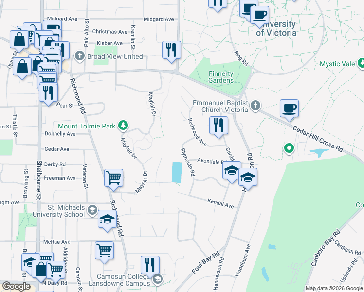 map of restaurants, bars, coffee shops, grocery stores, and more near 3524 Plymouth Road in Victoria