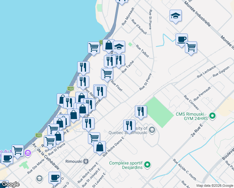 map of restaurants, bars, coffee shops, grocery stores, and more near 175 Rue Blais in Rimouski