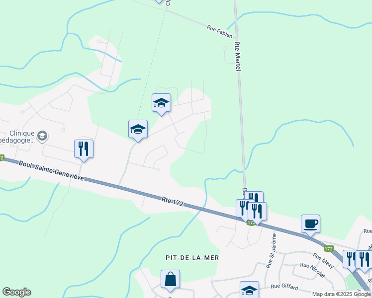 map of restaurants, bars, coffee shops, grocery stores, and more near Rue des Roseaux in Saguenay