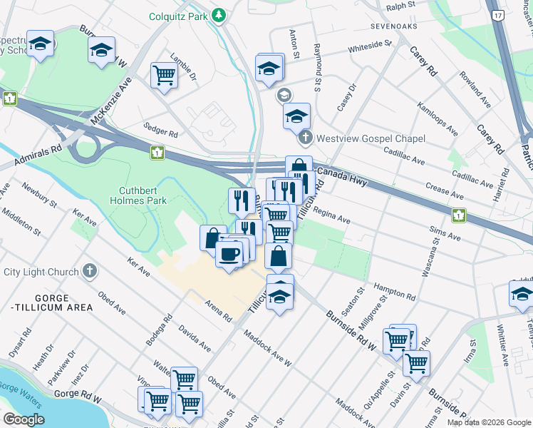 map of restaurants, bars, coffee shops, grocery stores, and more near 322 Burnside Road West in Victoria