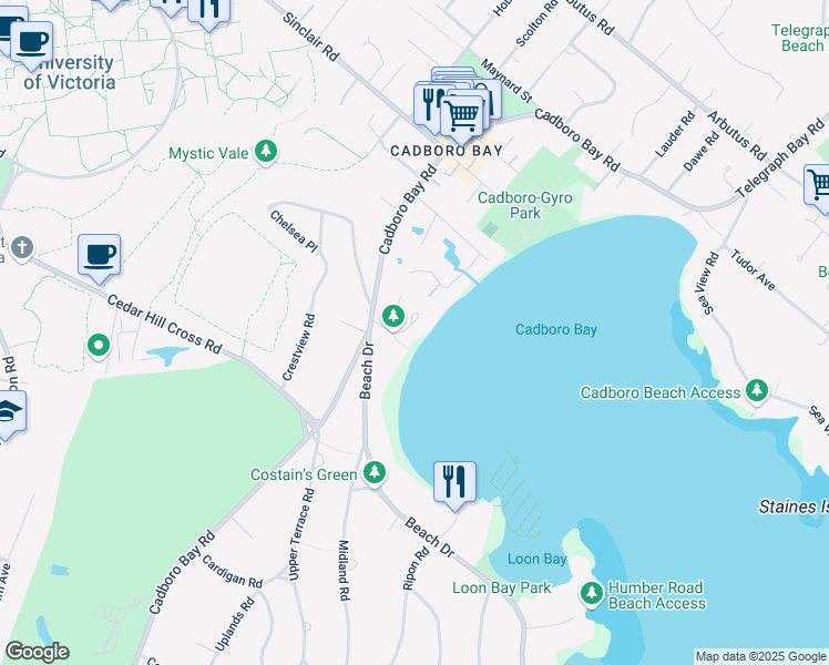 map of restaurants, bars, coffee shops, grocery stores, and more near 2718 Hibbens Close in Victoria