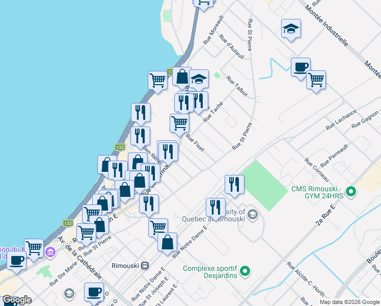 map of restaurants, bars, coffee shops, grocery stores, and more near 165 Rue Blais in Rimouski