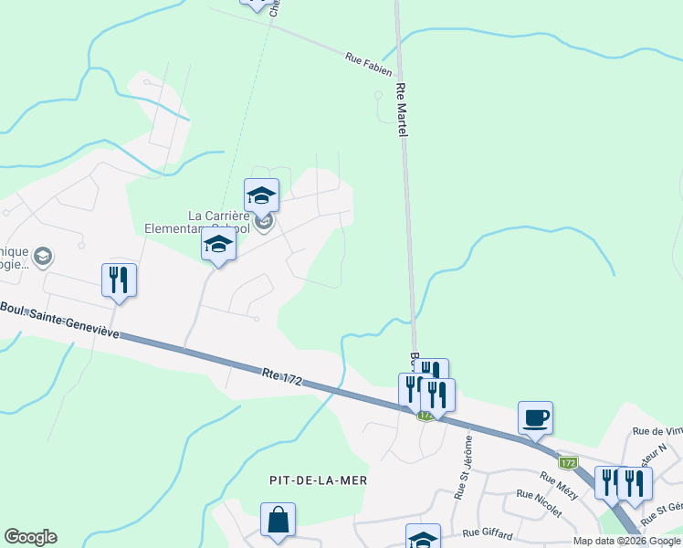 map of restaurants, bars, coffee shops, grocery stores, and more near 1391 Rue des Roseaux in Saguenay