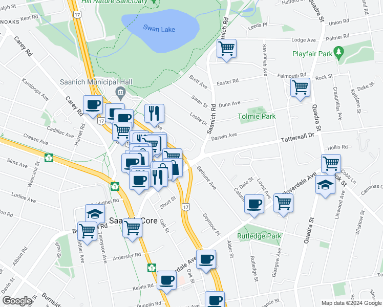 map of restaurants, bars, coffee shops, grocery stores, and more near 9512 Blanshard Street in Victoria