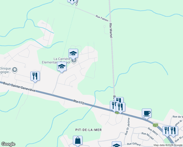 map of restaurants, bars, coffee shops, grocery stores, and more near Rue des Roseaux in Saguenay