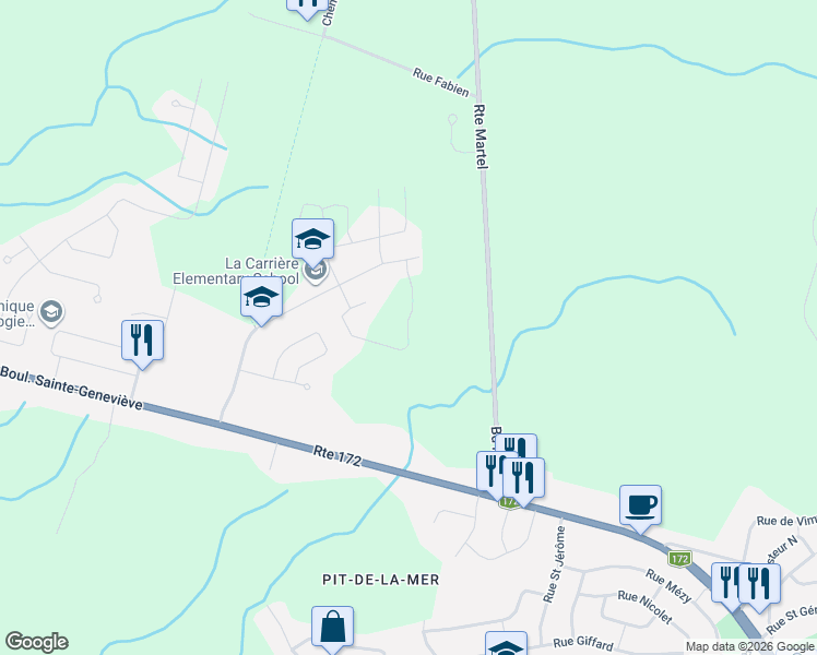 map of restaurants, bars, coffee shops, grocery stores, and more near Rue des Roseaux in Saguenay