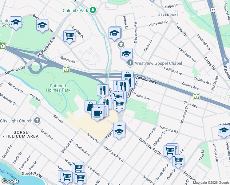 map of restaurants, bars, coffee shops, grocery stores, and more near 322 Burnside Road West in Victoria