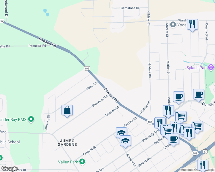 map of restaurants, bars, coffee shops, grocery stores, and more near 1230 Dawson Road in Thunder Bay