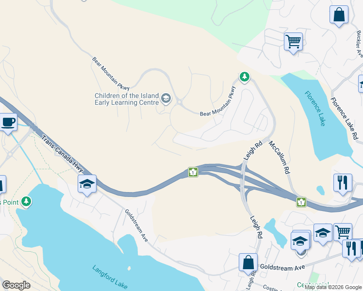 map of restaurants, bars, coffee shops, grocery stores, and more near Obsidian Place in Langford
