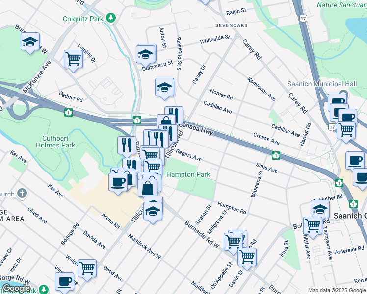 map of restaurants, bars, coffee shops, grocery stores, and more near 290 Regina Avenue in Victoria