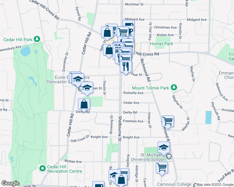 map of restaurants, bars, coffee shops, grocery stores, and more near 3550 Shelbourne Street in Victoria