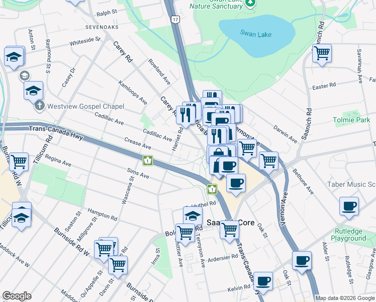 map of restaurants, bars, coffee shops, grocery stores, and more near 56 Cadillac Avenue in Victoria