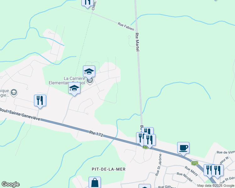 map of restaurants, bars, coffee shops, grocery stores, and more near Rue des Roseaux in Saguenay