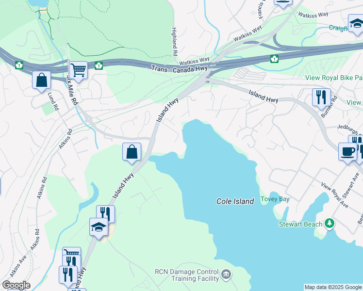 map of restaurants, bars, coffee shops, grocery stores, and more near 1 Buddy Road in Victoria