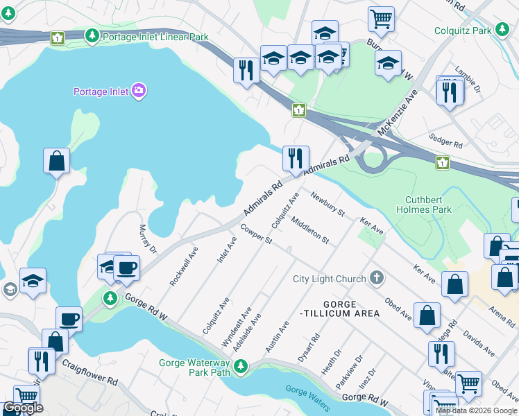 map of restaurants, bars, coffee shops, grocery stores, and more near 3047 Admirals Road in Victoria