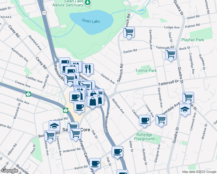 map of restaurants, bars, coffee shops, grocery stores, and more near 894 Vernon Avenue in Victoria