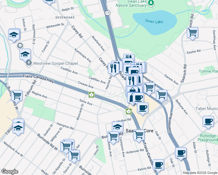 map of restaurants, bars, coffee shops, grocery stores, and more near 57 Cadillac Avenue in Victoria