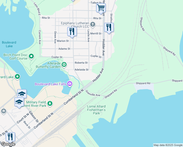 map of restaurants, bars, coffee shops, grocery stores, and more near 335 Adelaide Street in Thunder Bay