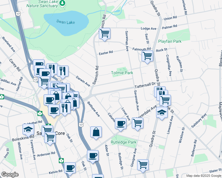 map of restaurants, bars, coffee shops, grocery stores, and more near 936 Tattersall Drive in Victoria