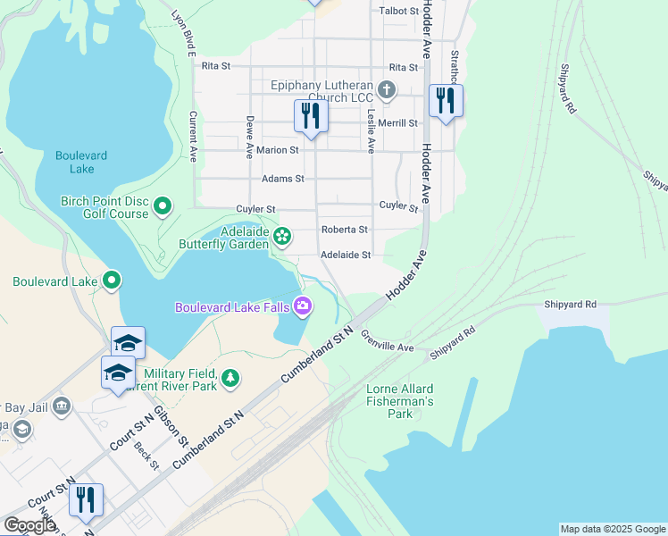 map of restaurants, bars, coffee shops, grocery stores, and more near 375 Adelaide Street in Thunder Bay