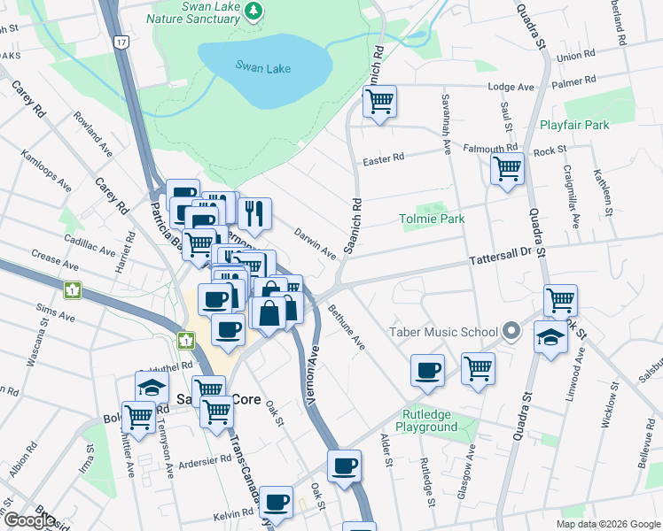 map of restaurants, bars, coffee shops, grocery stores, and more near 899 Darwin Avenue in Victoria