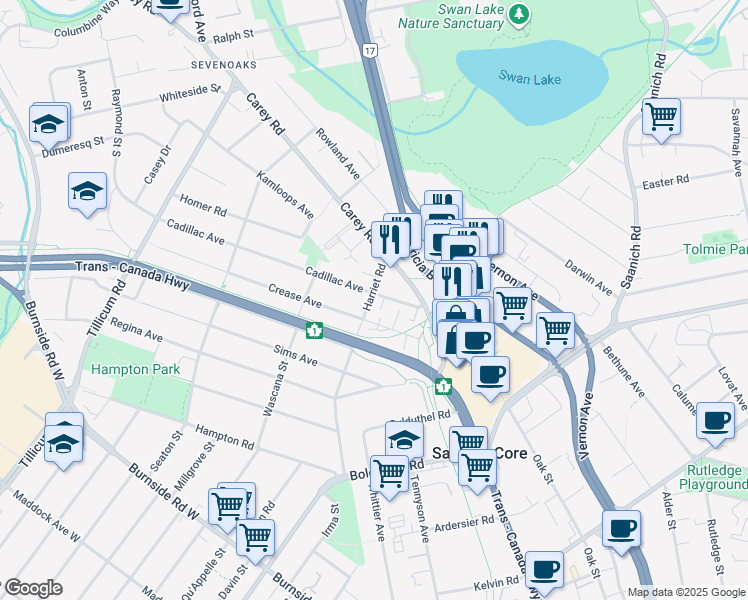 map of restaurants, bars, coffee shops, grocery stores, and more near 57 Cadillac Avenue in Victoria