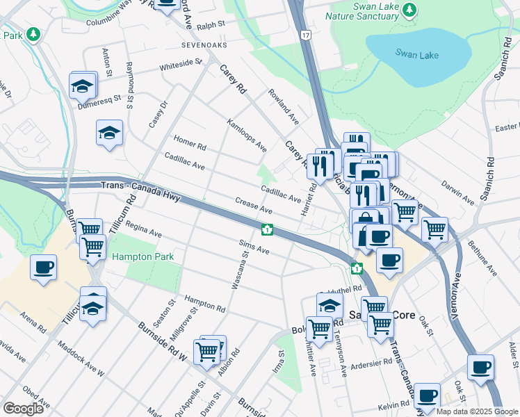 map of restaurants, bars, coffee shops, grocery stores, and more near Crease Avenue in Victoria