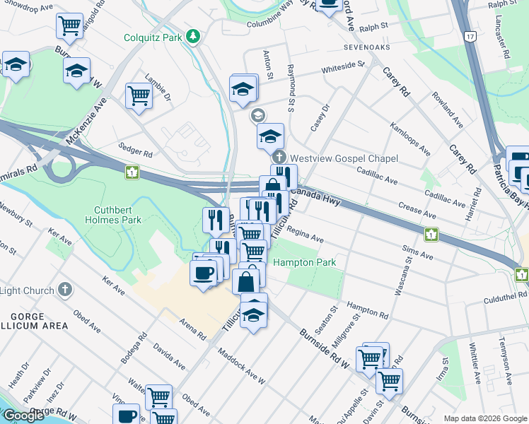 map of restaurants, bars, coffee shops, grocery stores, and more near 3628 Tillicum Road in Victoria