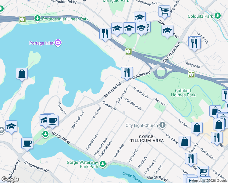 map of restaurants, bars, coffee shops, grocery stores, and more near 3073 Admirals Road in Victoria