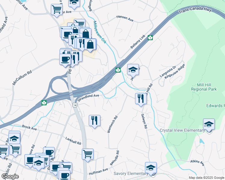 map of restaurants, bars, coffee shops, grocery stores, and more near 624 Strandlund Avenue in Victoria