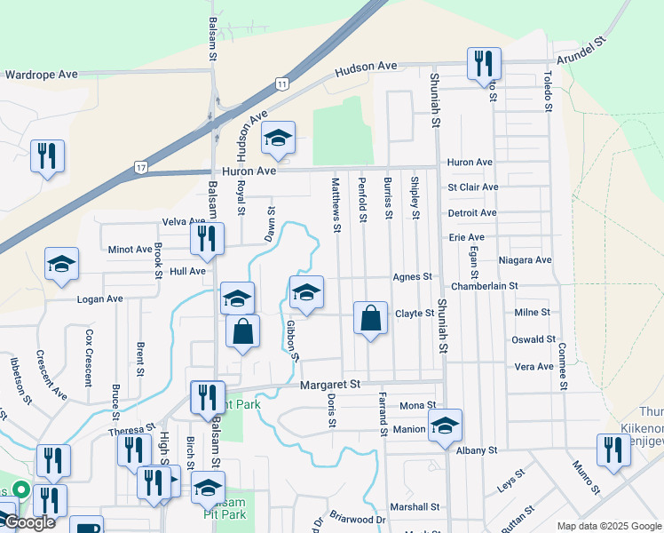 map of restaurants, bars, coffee shops, grocery stores, and more near 97 Matthews Street in Thunder Bay