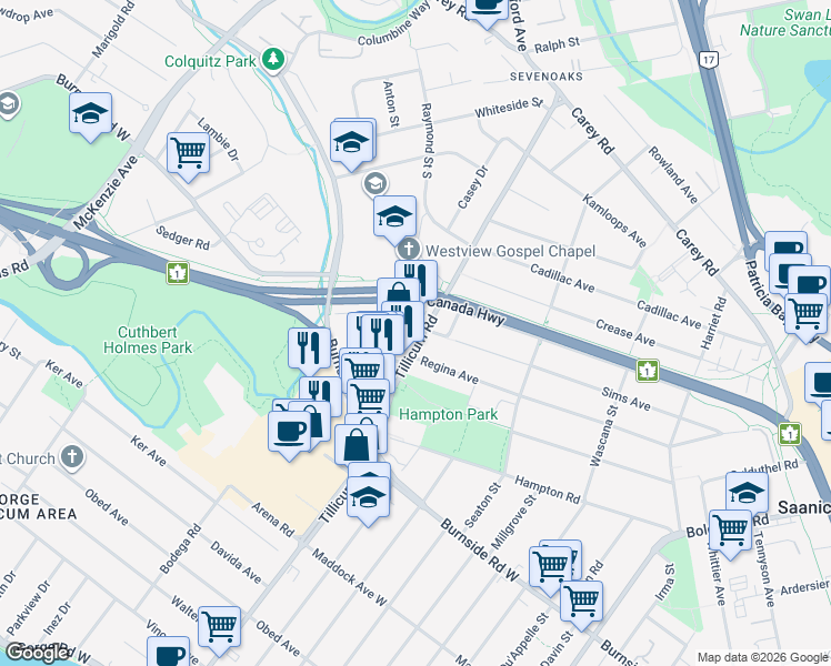 map of restaurants, bars, coffee shops, grocery stores, and more near 3628 Tillicum Road in Victoria
