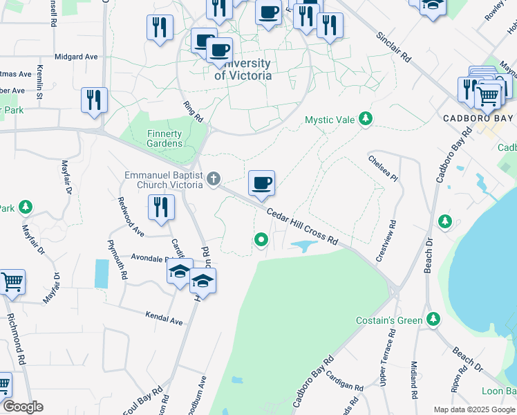 map of restaurants, bars, coffee shops, grocery stores, and more near 2291 Cedar Hill Cross Road in Victoria