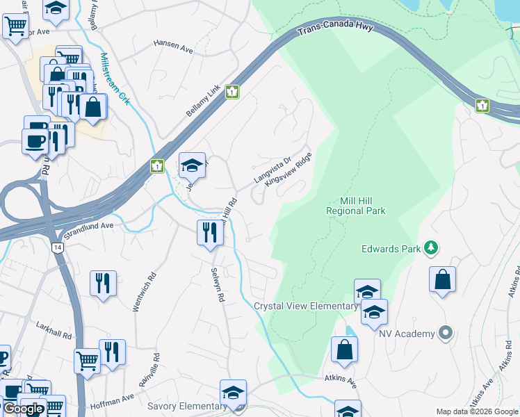 map of restaurants, bars, coffee shops, grocery stores, and more near 687 Kingsview Ridge in Victoria