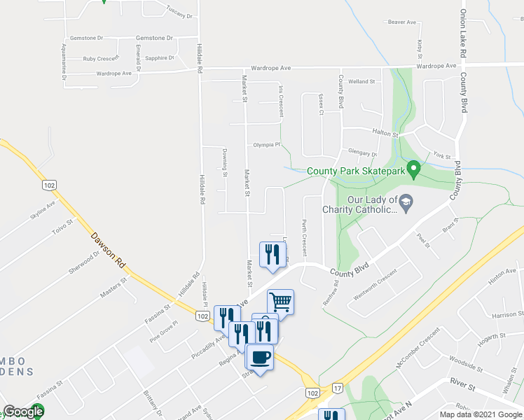 map of restaurants, bars, coffee shops, grocery stores, and more near 216 London Drive in Thunder Bay