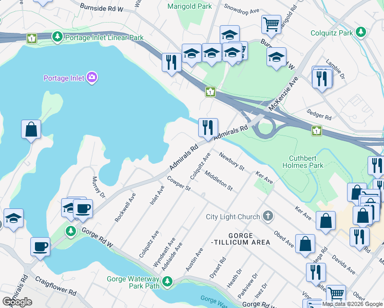map of restaurants, bars, coffee shops, grocery stores, and more near 3073 Admirals Road in Victoria